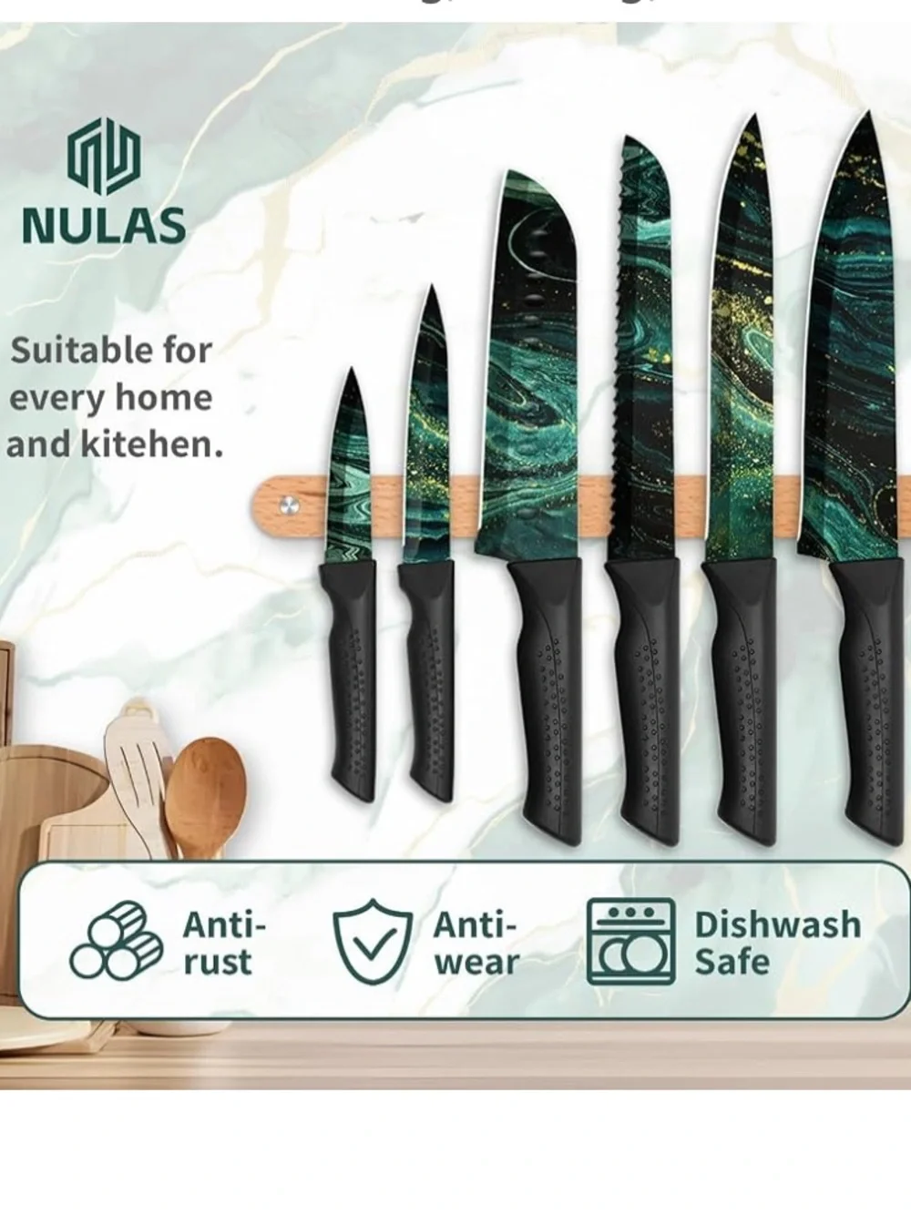 👨‍🍳🍴👩‍🍳  NULAS Knife Set, 6-PC Colorful Green Marble Pattern Knife Set. 👨‍🍳🍴👩‍🍳
